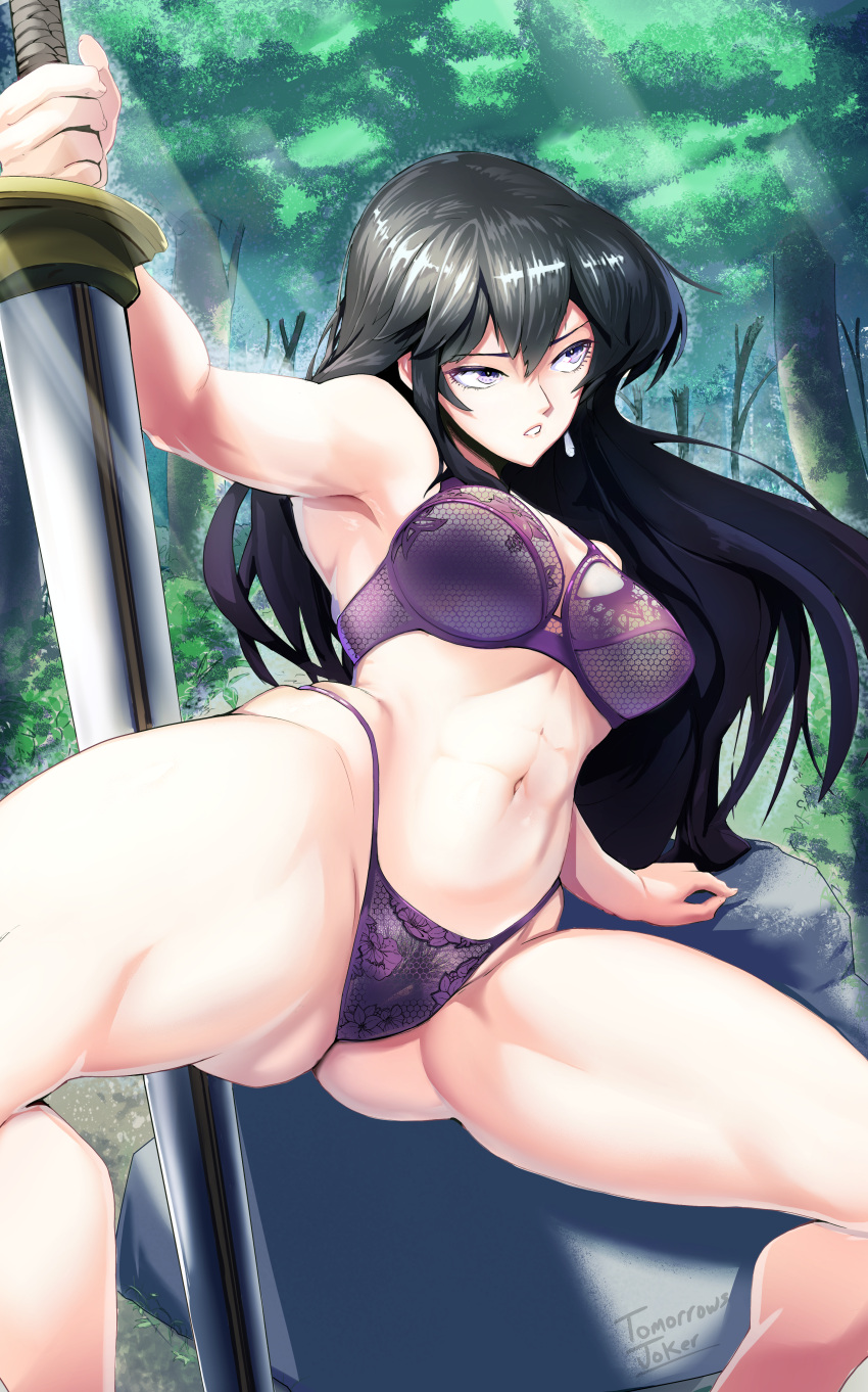1girl absurd_res alluring athletic_female ayra_(fire_emblem) bra commission covered_nipples female_abs female_only female_pubic_hair fire_emblem fire_emblem:_genealogy_of_the_holy_war fit_female flustered foreshortening forest high_res holding holding_sword holding_weapon intelligent_systems lingerie long_hair looking_away nature nintendo nipples outside panties pubic_hair pubic_hair_peek pussy see-through sword thighs tomorrowsjoker underwear weapon