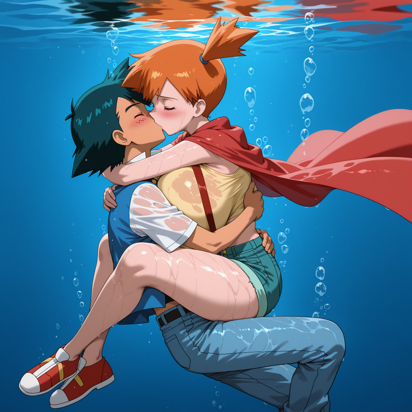 1boy 1boy1girl 1girl ai_generated aioddity black_hair blush breasts bubbles cape closed_eyes female from_side full_body huge_breasts hugging kasumi_(pokemon) kissing leg_lock male nintendo orange_hair pants pokemon pokemon_(anime) satoshi_(pokemon) shirt shoes short_sleeves side_ponytail sleeveless suspenders underwater wet_clothes