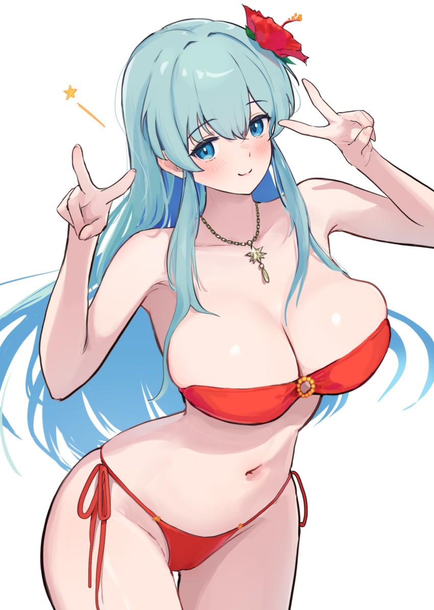 1girl alluring alternate_costume aqua_hair bare_arms bare_shoulders big_breasts bikini blue_eyes blush bursting_breasts cleavage closed_mouth collarbone commentary_request commission double_v eirika_(fire_emblem) fire_emblem fire_emblem:_the_sacred_stones flower gluteal_fold hair_flower hair_ornament high_res intelligent_systems jewelry long_hair looking_at_viewer narrow_waist navel necklace nintendo o-ring o-ring_bikini red_bikini red_flower ryh4 side-tie_bikini_bottom simple_background skeb_commission skindentation smile swimsuit thighs v white_background wide_hips