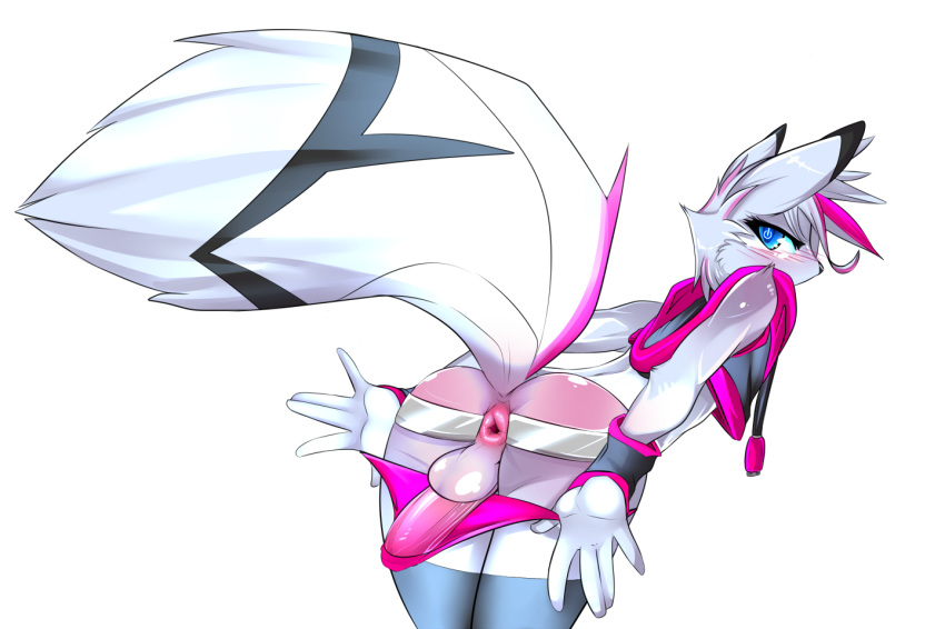 anthro anus ass canine clothing fox fox_matt_(character) furry invalid_background legwear male mammal panties penis perineum spread_butt spreading stockings testicles underwear white_crest