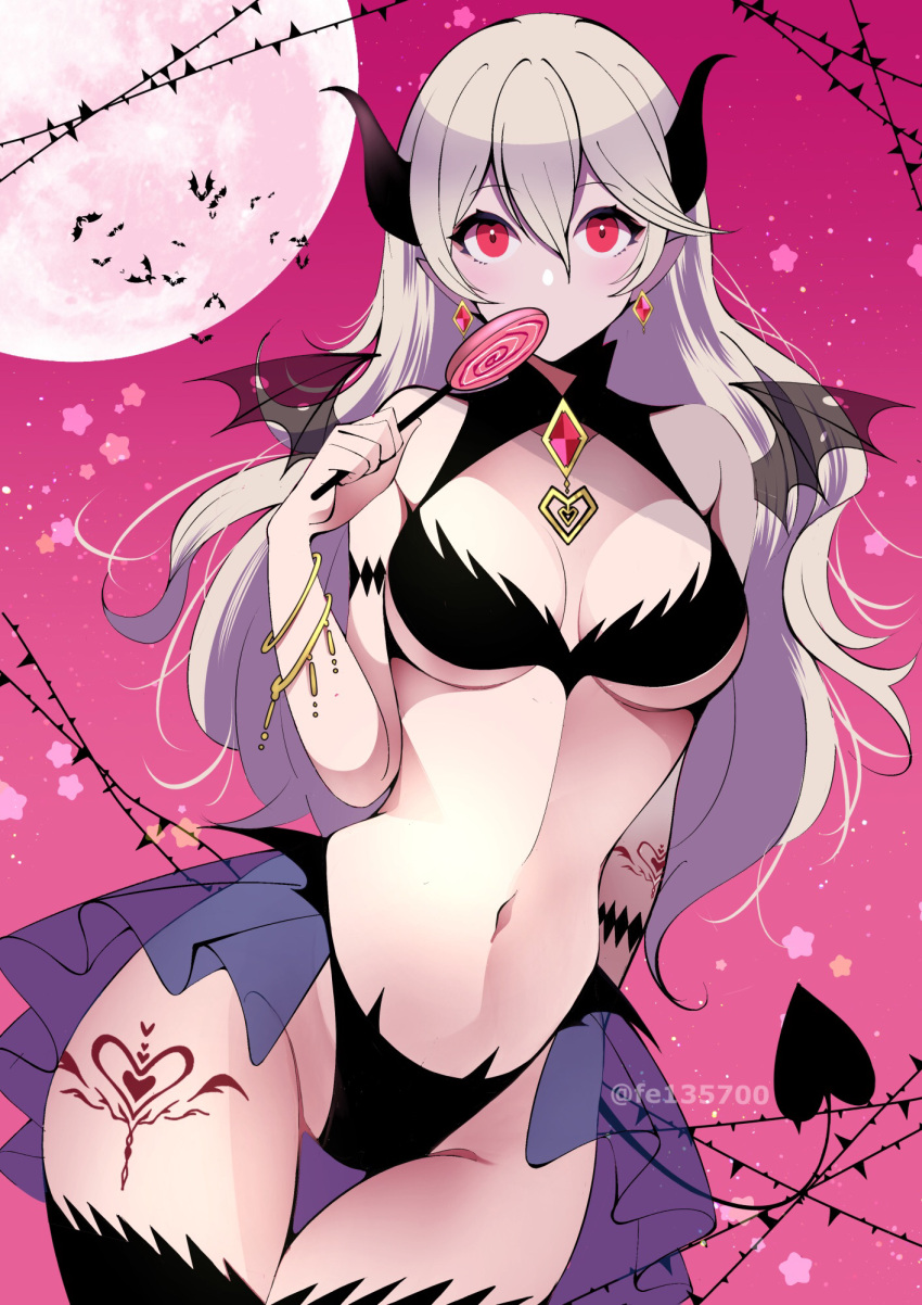 1girl 1girl 1girl alluring alternate_costume breasts corrin_(fire_emblem) corrin_(fire_emblem)_(female) fe135700 female_only fire_emblem fire_emblem_fates grey_hair halloween halloween_costume horns lollipop looking_at_viewer medium_breasts nintendo red_eyes succubus succubus_horns succubus_tail succubus_wings tail thigh_gap thighs wings