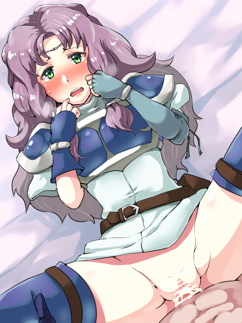 1boy 1girl blush boris_(noborhys) cum cum_in_pussy cum_inside dress_lift fire_emblem fire_emblem_7 fire_emblem_heroes florina gloves green_eyes penis penis_in_pussy purple_hair pussy