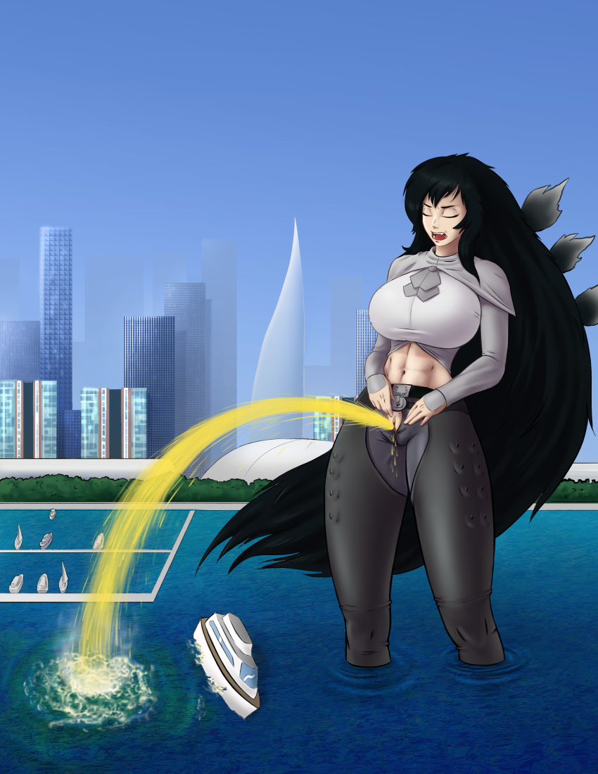 1girl giantess godzilla godzilla_(series) monster_girl peeing standing