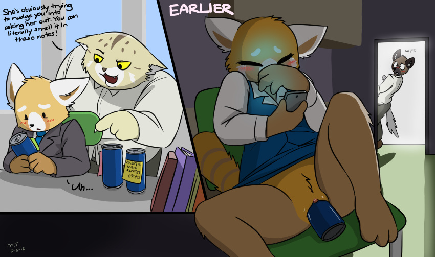 1girl aggressive_retsuko anthro beverage blush bottomless can cat clothed clothing coffee english_text feline furry haida hyena male mammal manumaru pallas's_cat phone pussy red_panda resasuke retsuko sanrio text the-minuscule-task