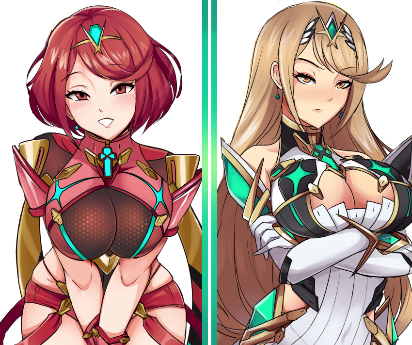 2girls alluring blonde_hair breasts green_eyes happy mythra nintendo pyra red_eyes red_hair tsundere xenoblade_(series) xenoblade_chronicles_2