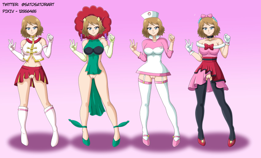 1girl alternate_costume blue_eyes cheerleader cheerleader_outfit cheerleader_uniform creatures_(company) dress exposed_pussy female female_human female_only female_pokemon florges florges_(cosplay) flower game_freak garter_straps gen_6_pokemon gloves green_eyes hairless_pussy hourglass_figure human humans_of_pokemon joy_(pokemon) multiple_views nintendo no_panties nurse nurse_cap nurse_joy nurse_joy_(cosplay) nurse_uniform partially_clothed pink_hair pokemon pokemon_(anime) pokemon_(creature) pokemon_(game) pokemon_(species) pokemon_x_&_y pokemon_xy pokemon_xy_(anime) pussy red_hair revealing_clothes satosatori serena serena_(pokemon) short_hair skirt sleeveless sleeveless_dress standing stockings thigh_gap uniform