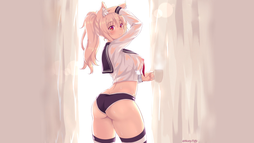 16:9_aspect_ratio animal_ears ass blonde blush breasts erect_nipples fastrunner2024 gym_uniform high_resolution nipples nottytiffy orange_eyes original ponytail school_uniform sideboob third-party_edit tied_hair tiffy tiffy_(nottytiffy) tighighs transparent wet