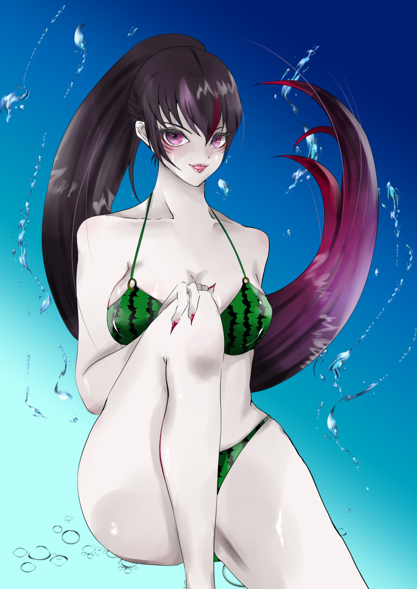 1girl alluring bare_legs bikini black_and_red_and_purple_hair facial_markings hot insanely_hot kunimitsu_ii kunoichi mayama namco purple_eyes sexy tekken tekken_7 voluptuous watermelon_bikini