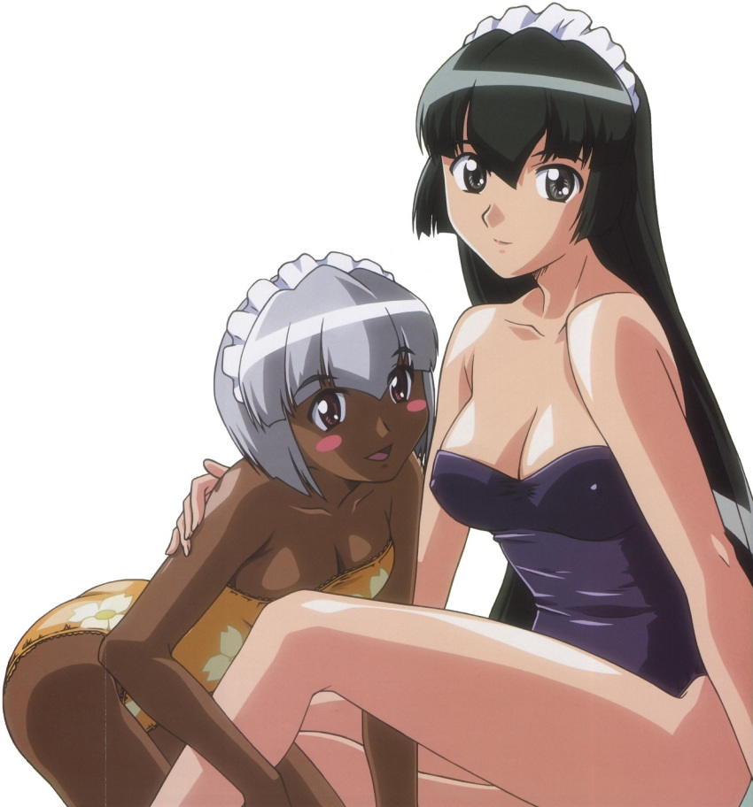 2_girls :d arm arm_support art bare_arms bare_legs bare_shoulders black_hair blue_swimsuit blush_stickers breasts c: cleavage closed_mouth collarbone dark_skin female_only hanaukyou_maid_tai high_res hugging human human_only leg_grab legs leotard long_hair looking_at_viewer maid maid_headdress multiple_girls neck open_mouth sanae_yashima shiny shiny_hair shiny_skin short_hair silver_hair simple_background sitting small_breasts strapless strapless_leotard strapless_swimsuit swimsuit tsurugi_konoe white_background yellow_swimsuit yuri