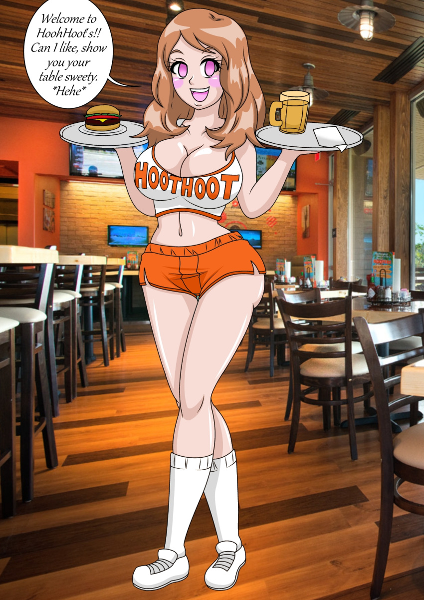 1girl beer beverage big_breasts breasts cleavage empty_eyes female_only food hamburger hooters kobi-tfs kobi94 mind_control pokemon pokemon_xy serena solo_female speech_bubble text waitress