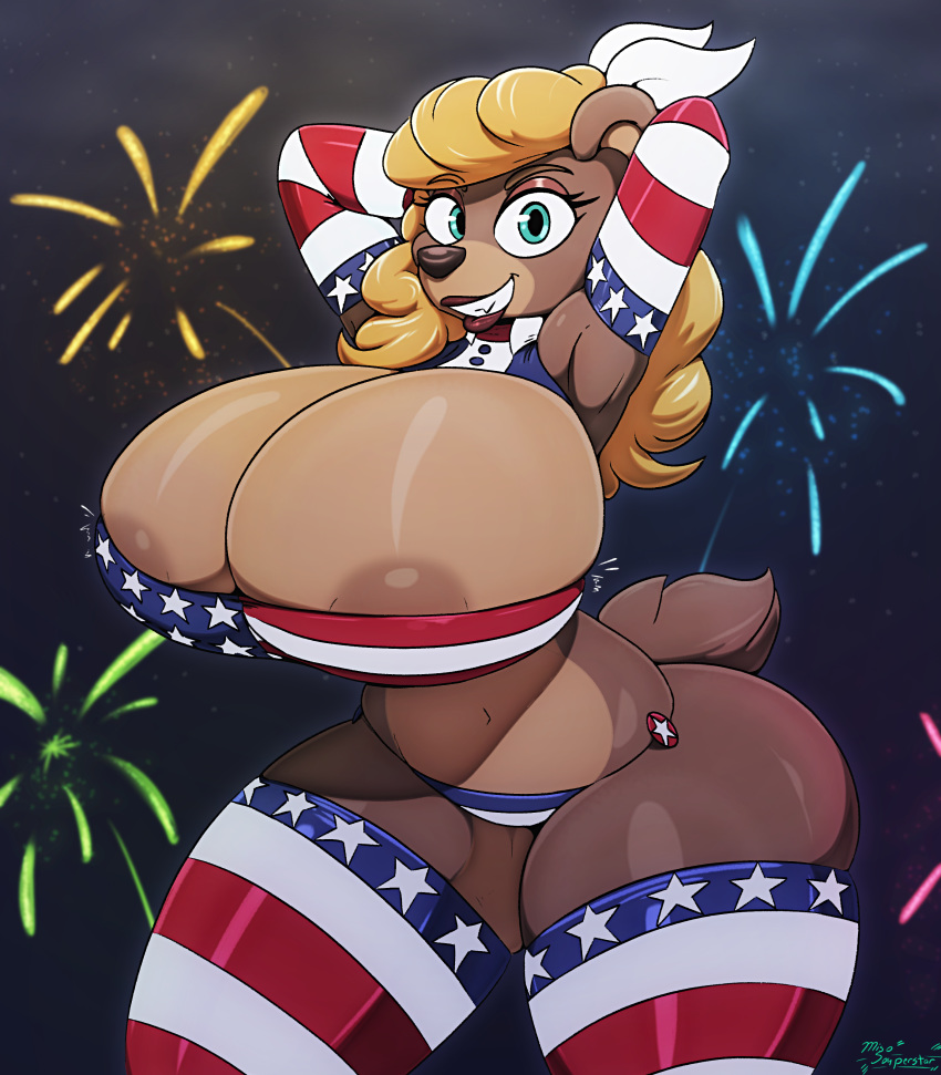 1girl 2018 4th_of_july absurd_res american_flag_bikini american_flag_legwear american_flag_print anthro areola arms_up armwear ass bear big_breasts bikini blonde_hair blue_eyes breasts clothed clothing digital_drawing_(artwork) digital_media_(artwork) eyelashes fireworks fur furry green_eyes hair hands_behind_head high_res huge_breasts legwear long_hair looking_at_viewer mammal miso_souperstar night nipples outside sky smile standing stars_and_stripes stockings striped_legwear stripes swimsuit thick_thighs united_states_of_america wide_hips