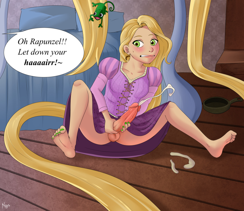 ass big_ass big_breasts big_penis big_testicles breasts cum cumshot disney female full-package_futanari futanari green_nails masturbation nail_polish painted_nails pascal_(tangled) penis rapunzel scorchingnova speech_bubble tangled testicles text