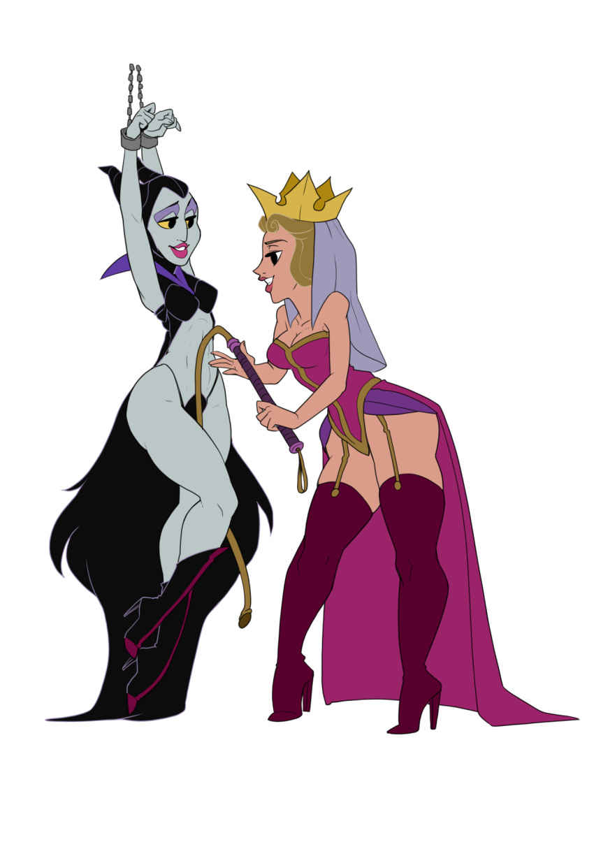 ass big_ass big_breasts bondage breasts cleavage dabunnox disney dominatrix female maleficent milf queen_leah sleeping_beauty smile weapon whip yuri