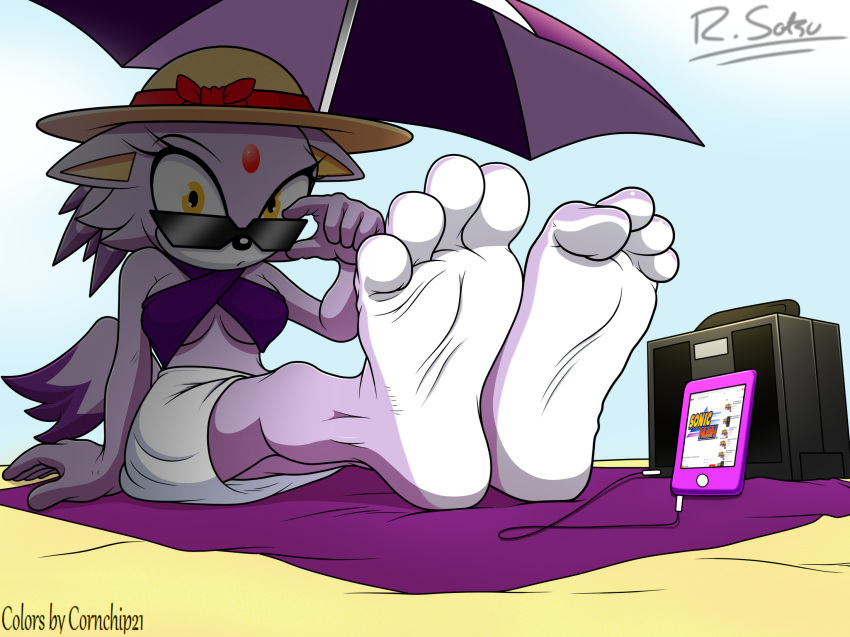 1girl 1girl 2018 4_toes anthro barefoot beach bikini blaze_the_cat cat clothing cornchip21 eyewear feet feline foot_fetish fur looking_at_viewer mammal paws portable_music_player purple_fur screampunk seaside sega soles sunglasses swimsuit toes video_games yellow_eyes