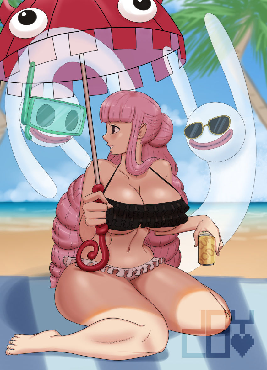 beverage big_breasts bikini breasts cleavage female ghosts joyluds one_piece perona smile soda swimsuit umbrella