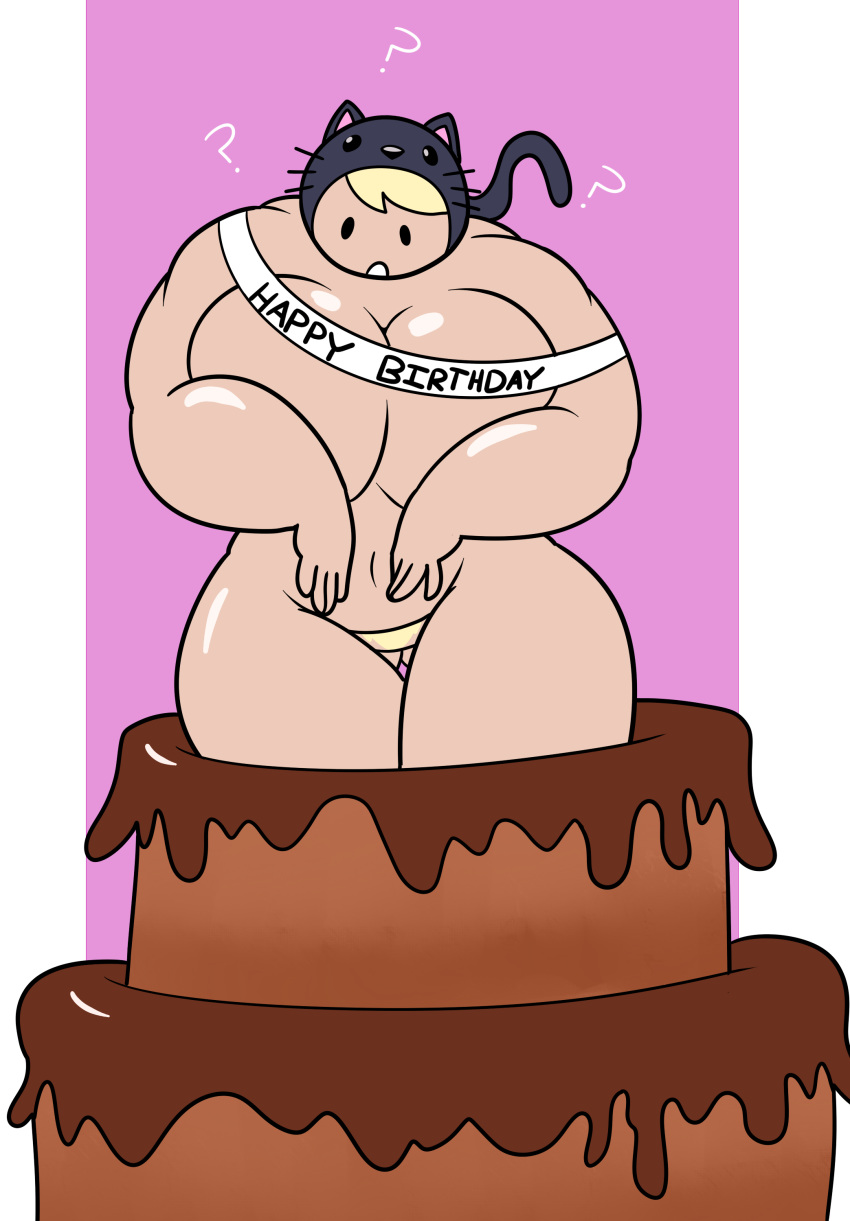 1girl ? adventure_time big_breasts blonde_hair breasts cat_ears cat_hood cat_tail female_only food human long_hair looking_down muscle nipples pop_out_cake pubic_hair pussy shiny shiny_skin simple_background superspoe susan_strong two-tone_background