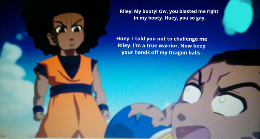 2boys ass dragon_ball_z huey_freeman male/male parody riley_freeman son_goku the_boondocks vegeta