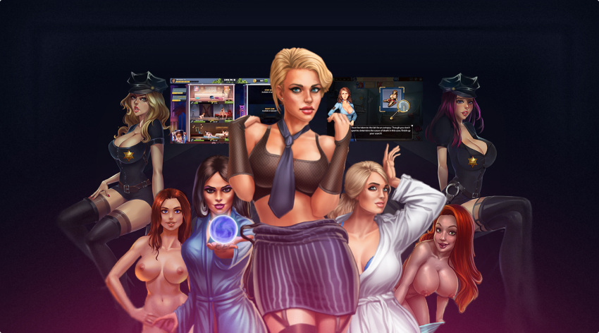 big_breasts blonde_hair cleavage game_cg hanging_breasts looking_at_viewer meet_and_fuck multiple_girls necktie necktie_between_breasts nude_female parody police_uniform policewoman red_hair undressing webpage