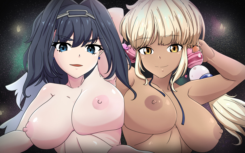 16:10_aspect_ratio 1girl 2_girls big_breasts breasts dark-skinned_female dark_skin erect_nipples high_resolution hololive hololive_english hololive_english_-council- large_filesize multiple_girls nipples open_mouth ouro_kronii ouro_kronii_ch. tsukumo_sana tsukumo_sana_ch. very_high_resolution virtual_youtuber