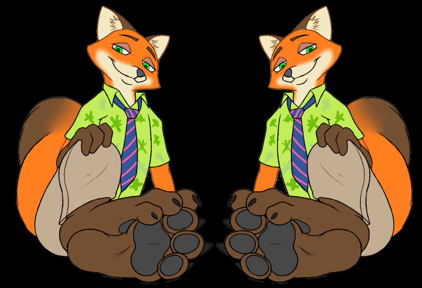 1girl 2015 3_toes anthro canine clothing disney foot_fetish foot_focus fox fur green_eyes hawaiian_shirt high_res looking_at_viewer male mammal neck_tie nick_wilde pawpads paws red_fur shirt sitting smile smirk toepad toepads toes zootopia zp92