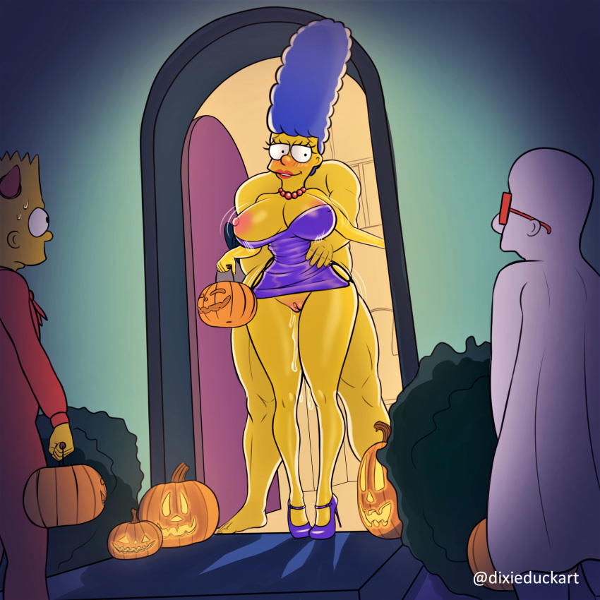 dress marge_simpson no_panties one_breast_out pussy_juice shaved_pussy the_simpsons thighs