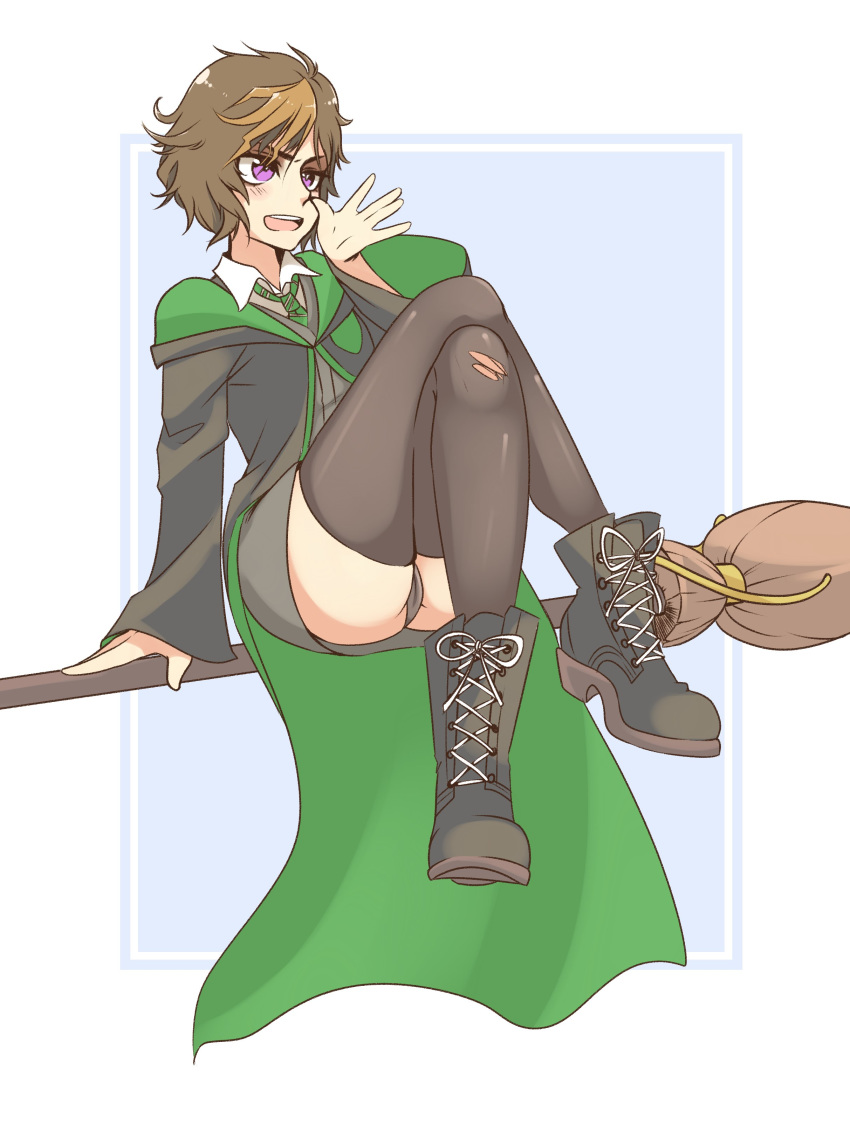 1girl broom clothed female harry_potter hogwarts_mystery legs_crossed merula_snyde panties skirt upskirt