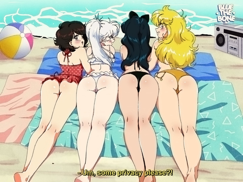 1girl 2020 4girls ass ass beach beach_towel bikini black_hair blake_belladonna blonde_hair bluethebone boombox clothing dat_ass faunus female_only human human_only long_hair looking_back multicolored_hair one-piece_swimsuit outside ponytail retro_artstyle ruby_rose rwby short_hair subtitled swimsuit take_your_pick team_rwby thick_thighs weiss_schnee white_hair wide_hips yang_xiao_long