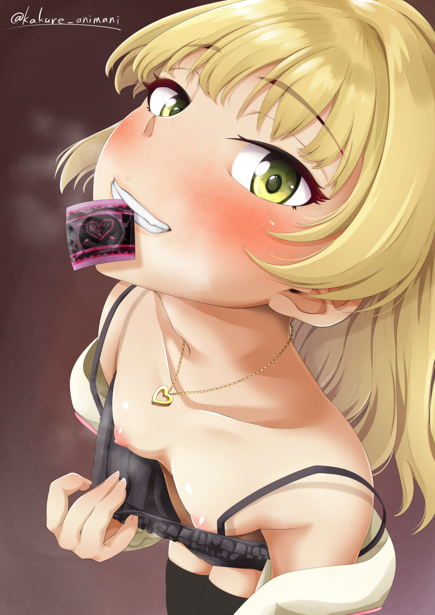 1girl bangs bare_shoulders black_legwear black_shirt black_thighhighs blonde blush breasts condom condom_in_mouth condom_wrapper erect_nipples eyebrows_visible_through_hair green_eyes heart_pendant high_resolution idolmaster jewelry jougasaki_rika kakure_animani lifted_by_self long_hair looking_at_viewer mouth_hold nipples no_bra off_shoulder pendant shirt shirt_lift shirt_lifted_by_self simple_background sleeveless sleeveless_shirt small_breasts steam steaming_body stockings teeth twitter_username very_high_resolution viewed_from_above