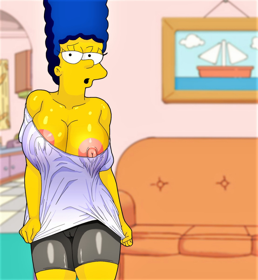 breasts cameltoe crossover dragon_ball_z erect_nipples evilweazel_(artist) large_areolae marge_simpson pink_areolae shorts the_simpsons thighs videl yellow_skin