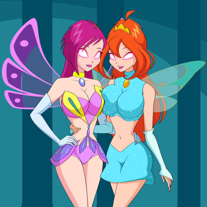 2_girls 2girls bloom breasts clothed duo female female_only gloves glowing_eyes jimryu jimryu_(artist) light_blue_skirt long_blonde_hair long_gloves long_hair long_red_hair red_hair redhead revealing_clothes short_shorts shorts skirt standing tecna wings winx_club