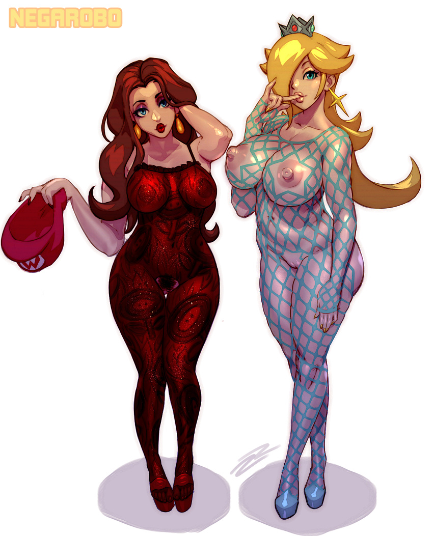 2_girls blonde_hair breasts brown_hair brunette cap earrings fishnets hair_over_one_eye high_heels huge_breasts lipstick multiple_girls nintendo nipples pauline princess_rosalina pubic_hair pussy robert_porter super_mario_bros. super_mario_galaxy super_mario_odyssey