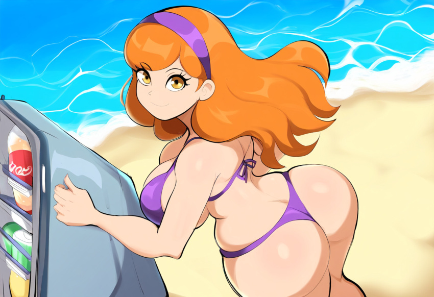 1girl ai_generated beach bikini curvaceous daphne_blake dat_ass female female_only fridge hanna-barbera huge_ass huge_breasts mullon novelai ocean scooby-doo solo_female summer voluptuous voluptuous_female warner_brothers