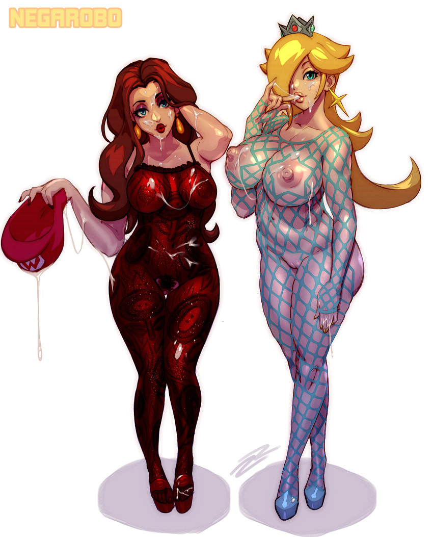 2_girls blonde_hair breasts brown_hair brunette cap cum cum_on_clothes earrings fishnets hair_over_one_eye high_heels huge_breasts lipstick multiple_girls nintendo nipples pauline princess_rosalina pubic_hair pussy robert_porter super_mario_bros. super_mario_galaxy super_mario_odyssey