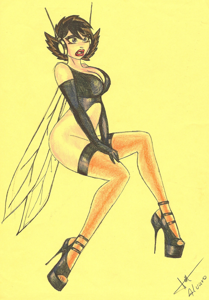 avengers big_breasts blue_eyes brown_hair confused drawing gloves high_heels janet_van_dyne lipstick marvel stockings the_wasp wings