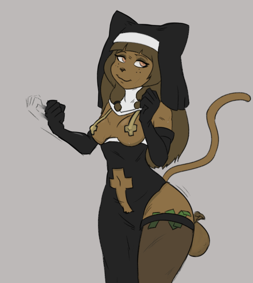 1girl 1girl 2019 5_fingers anthro armwear bedroom_eyes breasts brown_eyes brown_hair clothed clothing digital_media_(artwork) dress ecaflip elbow_gloves exposed_breasts freckles furry gloves hair half-closed_eyes innuendo inverted_cross legwear long_hair looking_aside mammal miranda_(wakfu) money navel nipple_tape nun pasties religion sacrilegious seductive side_boob simple_background skimpy smile standing stockings stupidgnoll tape under_boob video_games wakfu