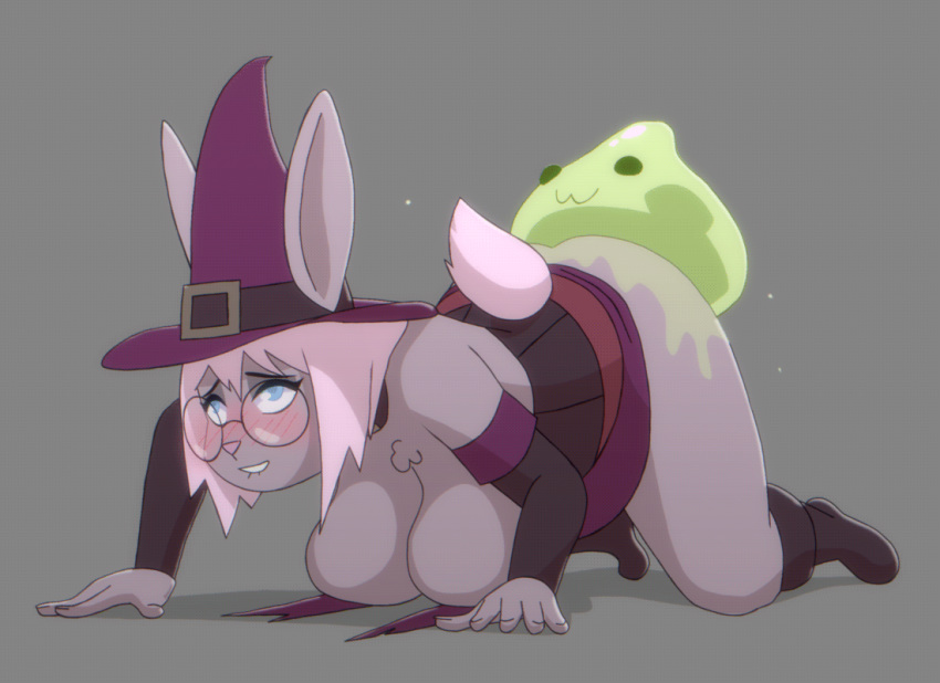 1girl 2019 ambiguous_penetration anthro ass big_breasts blush breasts clothing doggy_position eyewear furry gif glasses hat lagomorph mammal omegaozone rabbit sex simple_background slightly_chubby slime smile witch_hat