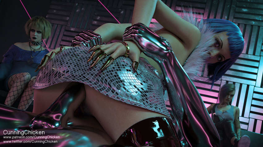 1boy 3_girls 3girls anal anal_penetration anal_sex cd_projekt_red cunningchicken cyberpunk cyberpunk_2077 cyborg_(designation) evelyn evelyn_(cyberpunk_2077) female female_focus patreon patreon_exclusive patreon_only_post patreon_reward patreon_url patreon_username