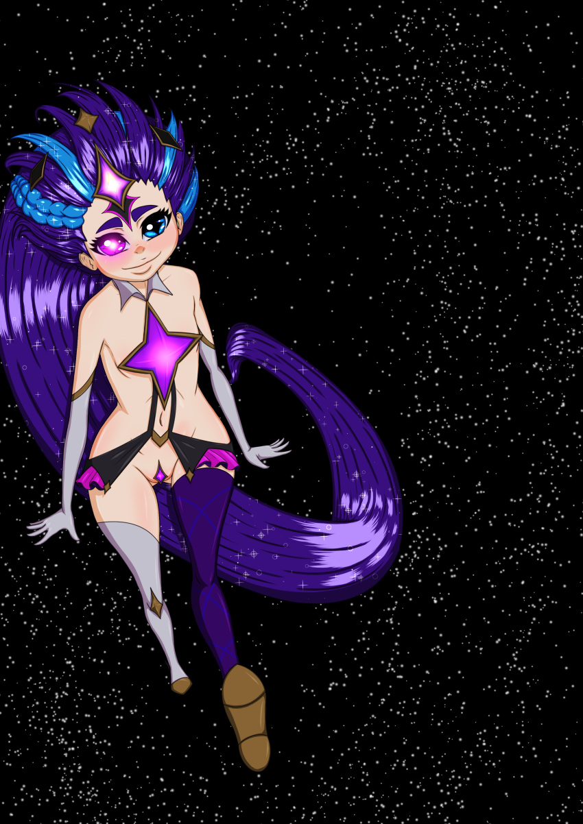 blue_eyes blue_hair collar functionally_nude gem gloves glowing_eyes impossible_clothes league_of_legends long_gloves long_hair purple_eyes purple_hair skirt small_breasts small_breasts space star_guardian star_guardian_zoe stockings two-tone_hair very_long_hair walking zoe