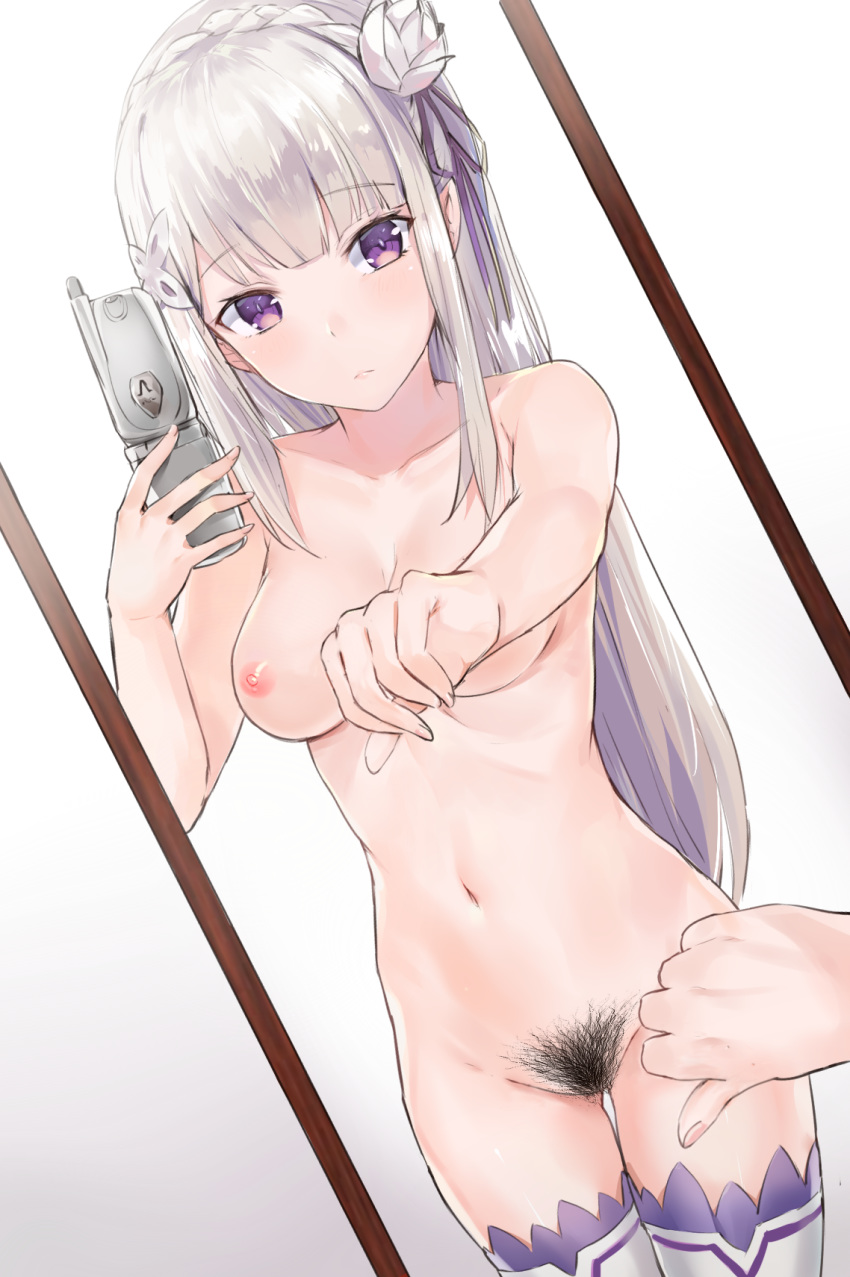 cellphone emilia_(re:zero) high_resolution kyouki long_hair mirror nipples one_finger_selfie_challenge phone pointed_ears pubic_hair re:zero_kara_hajimeru_isekai_seikatsu selfpic selfpic stockings third-party_edit white_hair you're_doing_it_wrong