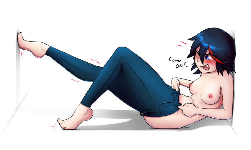 1girl 1girl 1girl 5:3_aspect_ratio areola barefoot blue_hair blush breasts denim dressing english english_text failure feet full_body high_resolution jeans kill_la_kill lying matoi_ryuuko medium_breasts multicolored_hair nipples on_back pants partially_undressed pudgeruffian red_hair short_hair text toe-point topless undersized_clothes white_background