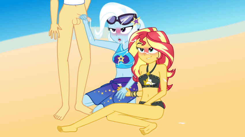 1boy 2girls animated biting_lip blush cum cum_on_arm cum_on_clothes cum_on_face cum_on_glasses cum_on_swimsuit cum_on_tongue equestria_girls erection friendship_is_magic gif implied_fingering mostly_nude my_little_pony penis sunset_shimmer swimsuit trixie