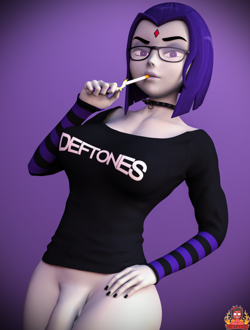 1futa 3d balls bottomless breasts cigarette cleavage dc_comics flaccid forsaken_(artist) futa_only futanari glasses goth intersex looking_at_viewer penis pubic_hair rachel_roth raven_(dc) smoking solo_futa teen_titans