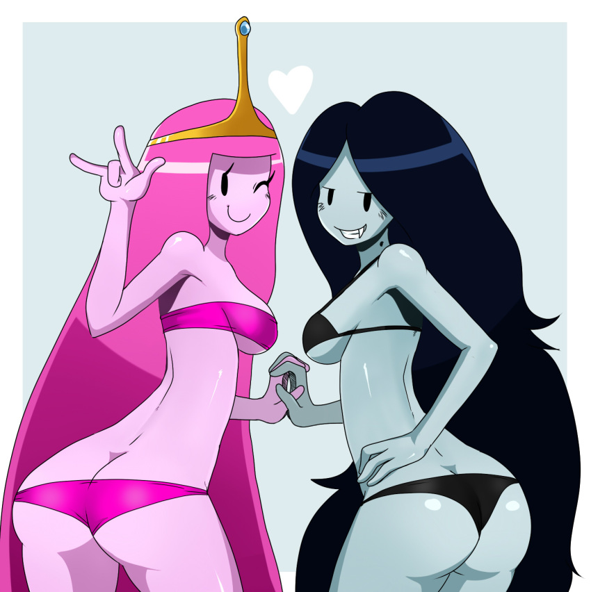 2girls \m/ adventure_time ass big_breasts bikini black_eyes black_hair blue_background breasts butt_crack crown eric_lowery fang from_behind grin hair hand_holding heart high_res highres interlocked_fingers large_breasts long_hair looking_back marceline marceline_abadeer multiple_girls pink_hair pink_skin princess_bonnibel_bubblegum princess_bubblegum sideboob simple_background smile ss2_(artist) sssonic2 swimsuit tiara vampire very_long_hair white_border wink