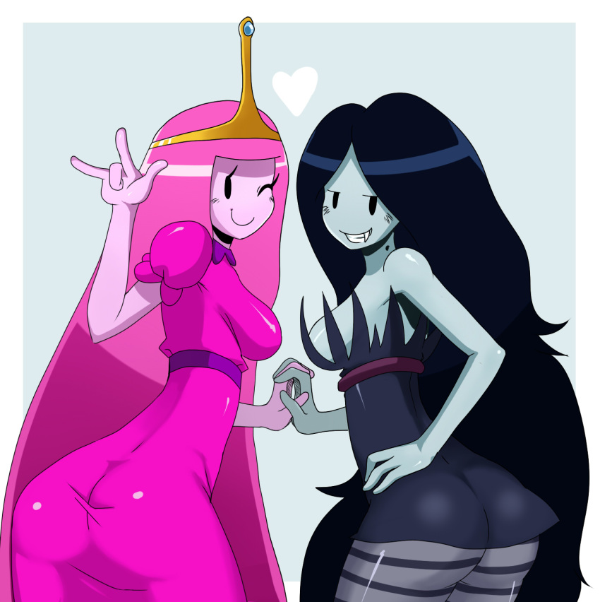 2girls \m/ adventure_time ass big_breasts black_eyes black_hair blue_background breasts crown dress eric_lowery fang from_behind grin hair hand_holding heart high_res highres interlocked_fingers large_breasts long_hair looking_back marceline marceline_abadeer multiple_girls pink_hair pink_skin princess_bonnibel_bubblegum princess_bubblegum sideboob simple_background smile ss2_(artist) sssonic2 striped striped_legwear tiara vampire very_long_hair white_border wink