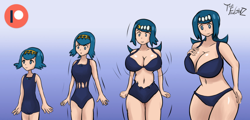 1girl 2018 age_progression ass belly big_ass big_breasts bikini blue_background blue_eyes blue_hair breast_expansion breast_growth breasts clothed daughter deviantart eyelashes female female_human female_only freckles game_freak huge_breasts human lana lana's_mother_(pokemon) lana_(pokemon) large_ass looking_at_breasts looking_away looking_down milf mother_&_daughter motion_lines nintendo patreon pokemon pokemon_sm sfw small_breasts smile standing suiren's_mother suiren_(pokemon) surprised swimsuit text thatfreakgivz thick_thighs transformation transforming_clothes twitter watermark wide_hips