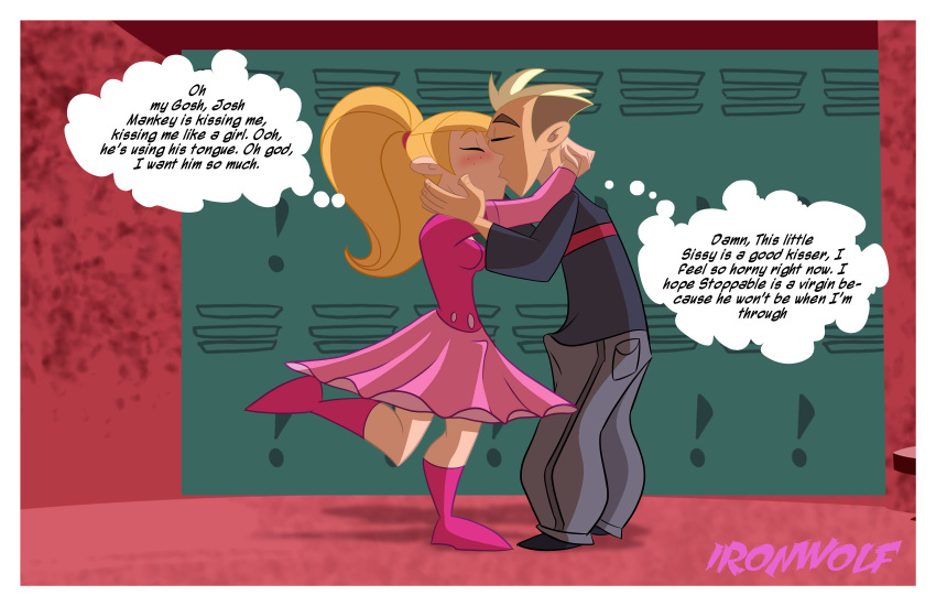 crossdressing feminization ironwolf_(artist) josh_mankey kim_possible kissing ron_stoppable veronica_stoppable yaoi