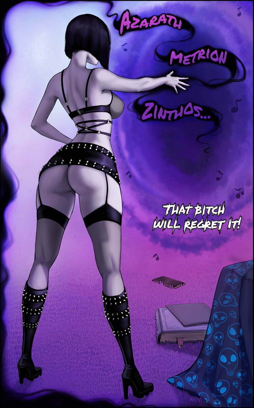 aroma_sensei ass books boots bra comic dc_comics garter_belt goth musical_notes portal raven_(dc) see-through_bra spiked_boots spiked_skirt stockings teen_titans what's_going_on_here