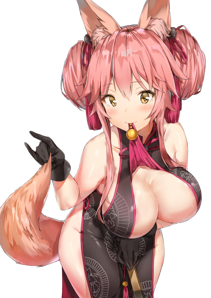 1girl animal_ears areola areola_slip bangs bare_shoulders black_dress black_gloves blush breasts china_dress chinese_clothes choker cleavage dress fan fang fate/grand_order fate_(series) folding_fan fox_ears fox_tail gloves hair_ribbon koyanskaya large_breasts leaning_forward looking_at_viewer mouth_hold pink_hair ribbon side_slit sideboob simple_background smile tail tamamo_no_mae_(fate) yellow_eyes