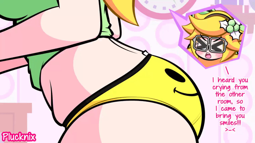 >_< >o< 1girl ass blonde_hair blush blush bubble_butt cute dialogue gif gif glasses green_shirt headband holly_(plucknix) indoors light-skinned_female light_skin mistletoe no_pants original panties plucknix polka_dot polka_dot_background printed_panties smiley_face twerking wholesome yellow_panties