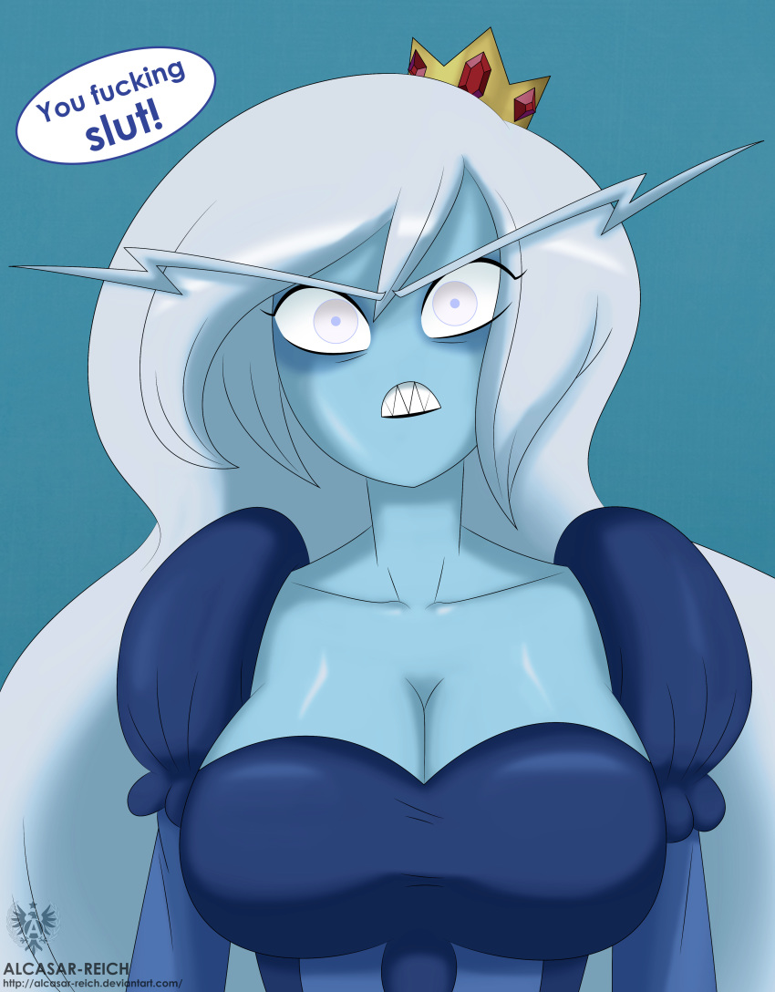 1girl adventure_time alcasar-reich angry big_breasts blue_background blue_skin breasts cleavage crown dialogue eyebrows female_only frown grey_eyes ice_queen long_hair puffy_sleeves sharp_teeth simple_background solo_female upper_body white_hair